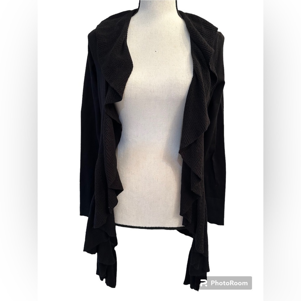 White House black market WHBM woman’s black shawl cardigan ruffle front sweater